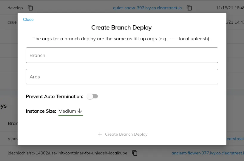Creating a branch deploy in the Ivy web UI
